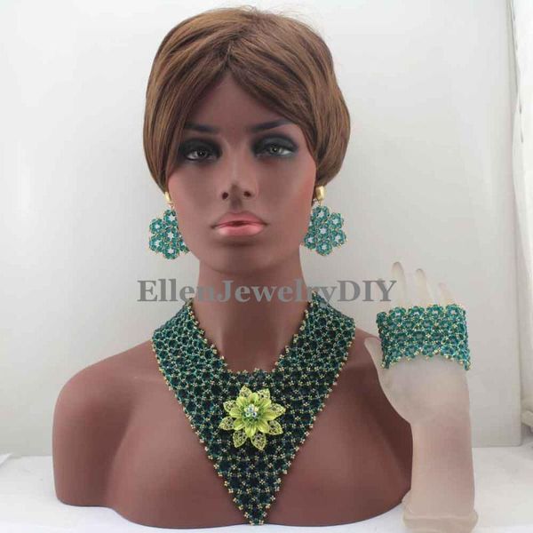 

earrings & necklace surprising peacock green beads women jewelry set costume bridal african statement jewellery w13334, Silver