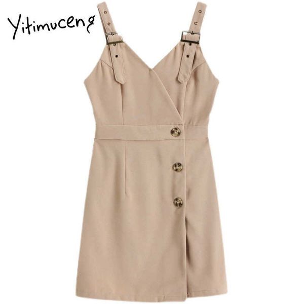 

yitimuceng button mini straps tank high waist slim dresses women v-neck a-line solid summer korean fashion dress 210601, Black;gray