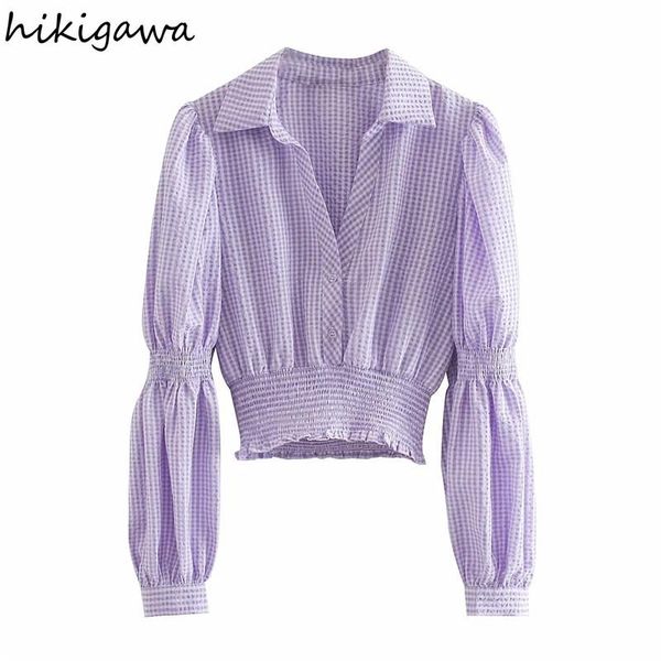 

women's blouses & shirts hikigawa woman shirt fashion vintage long sleeve turn down collar plaid short harajuku pullover patchwork, White