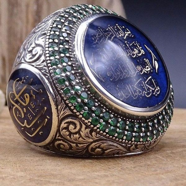 

cluster rings punk large blue stone ring for men jewelry metal silver arabic signet knuckle finger hip hop, Golden;silver