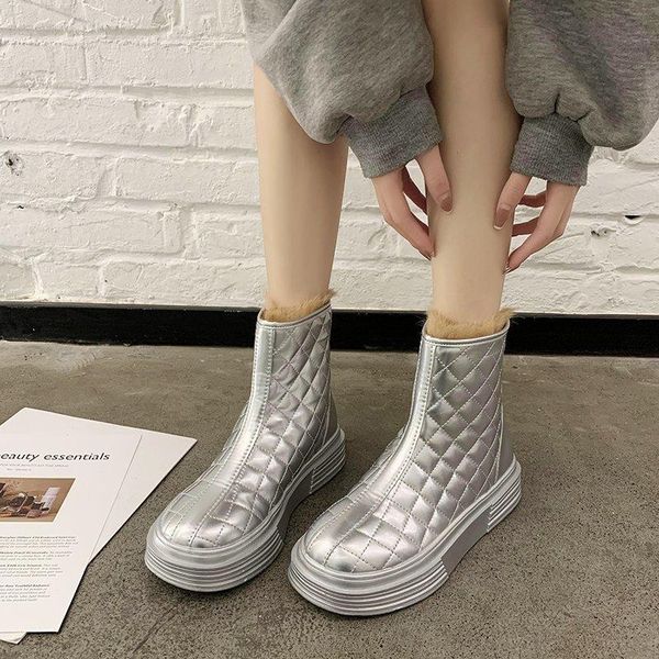 

boots fur ankle platform women shoes plush winter warm casual chunky black silver botas mujer 2021