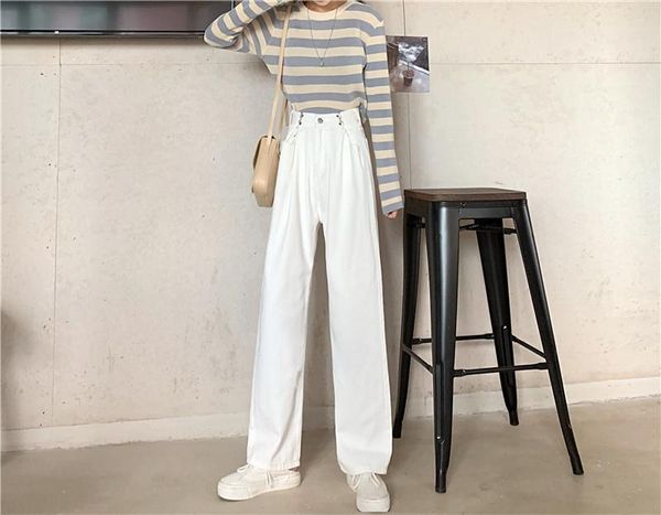 

women's spring and autumn high-waist light-colored jeans korean adjustable waist straight wide-leg pants, Blue