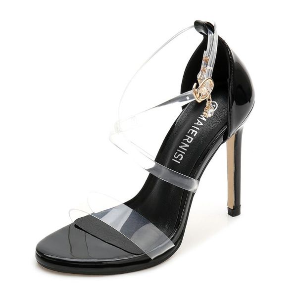 

women sandals pvc transparent cross strap wedding shoes high heels party thin heel, Black