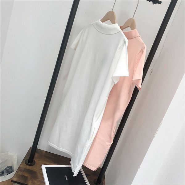 

ny korean polo lapel loose ice hemp embroidery chest letter short sleeve dress, Black;gray