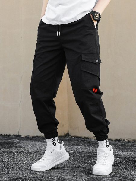 

men flap pocket drawstring waist cargo pants c6dt#, Black
