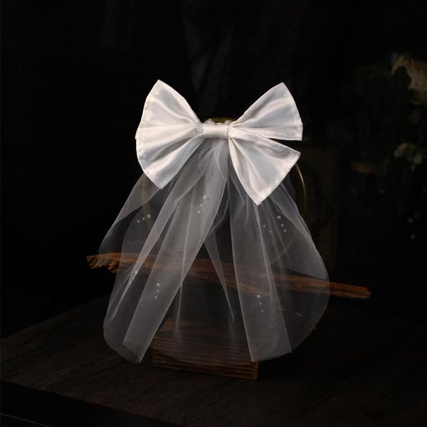 

bridal veils simple blusher short veil mesh beading bow headdress for wedding party travel po daily life v662, Black