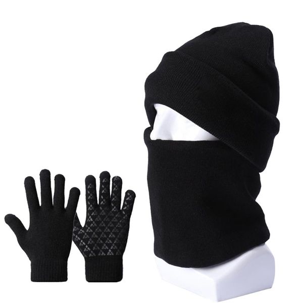 

cycling caps & masks winter beanie set double-layer knitted hat neck warmer gloves velvet lined cap for men women, Black