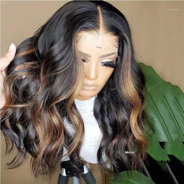 

highlighted wigs 13x4 ombre brown body wave transparent lace front remy human hair wig silk base frontal 13x6x11, Black;brown
