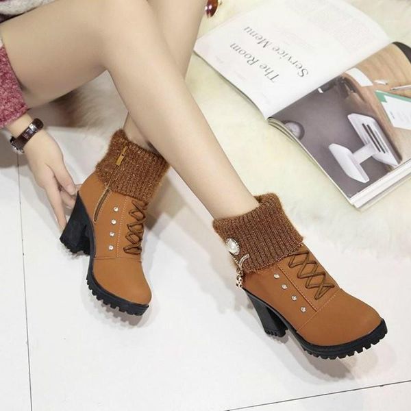 

boots high heel winter shoes women fashion women's plush warm fur ladies brand ankle bootas crystal1, Black