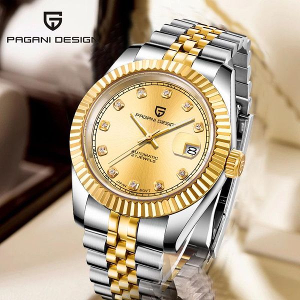 

wristwatches pagani design gold men watches brand sapphire japan nh35a mechanical wrist watch stainless steel waterproof 1645, Slivery;brown