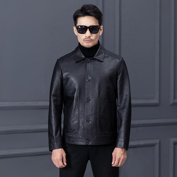 

leather] men's first layer deerskin coat lapel slim single leather jacket autumn winter short business casual & faux, Black