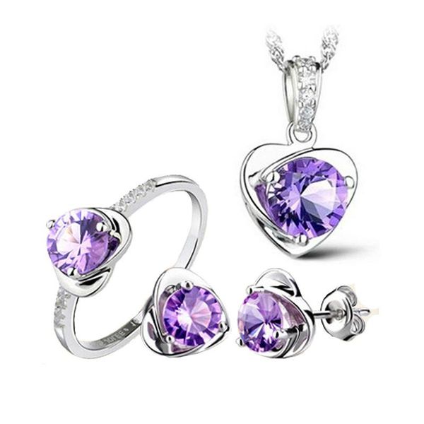 

earrings & necklace heart shape setting cubic zirconia rings sets white and purple color party jewelry for women, Silver