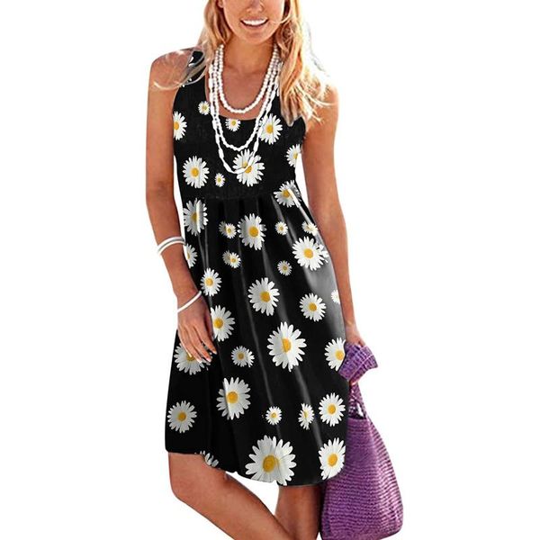 

casual dresses sunflower print women dress halter neck boho sleeveless beachwear fashion camisole sundress vestidos mujer, Black;gray