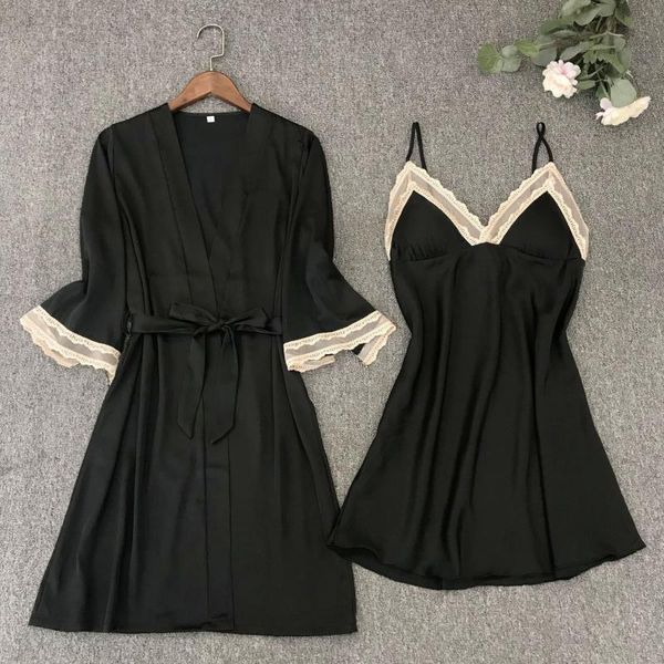 

women's sleepwear black lace 2pcs robe set women kimono bathrobe gown spring summer nightwear intimate lingerie female negligee, Black;red
