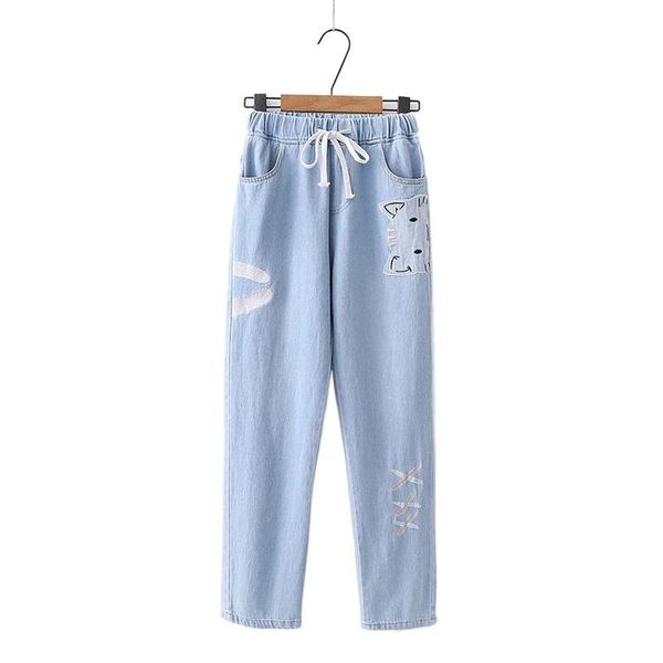 

women jeans pants cute cat face embroidery mid-rise elastic waist drawstring female denim trousers with pockets 2039036 women's, Blue