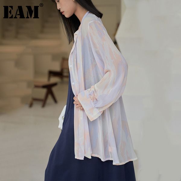 

[eam] women yellow big size printed chiffon blouse bow neck long sleeve loose fit shirt fashion spring summer 1dd8013 21512, White