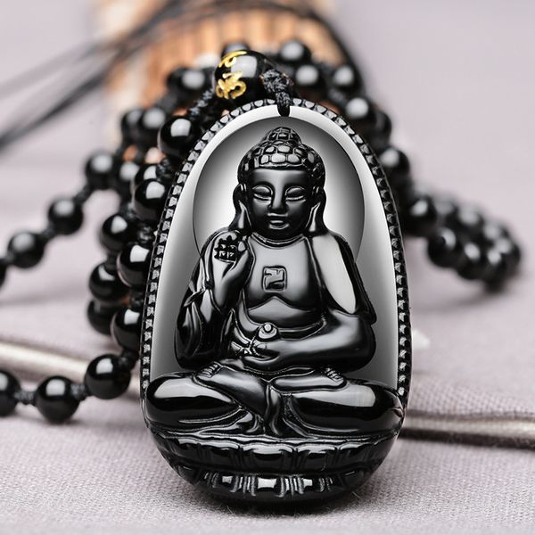 

amitabha black obsidian carved buddha lucky amulet pendant necklace choker for women men pendants jewelry drop shipping, Golden;silver