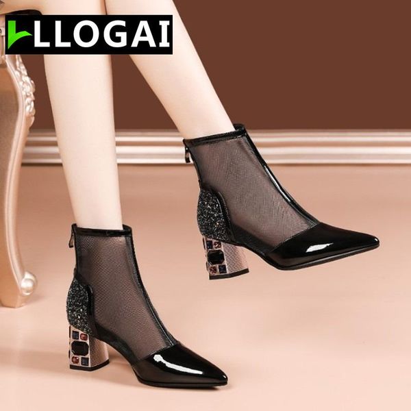 

crystal female tidewater drill coarse heel mesh breathable summer gauze cool boots patent leather after zipper hollow large shoe, Black