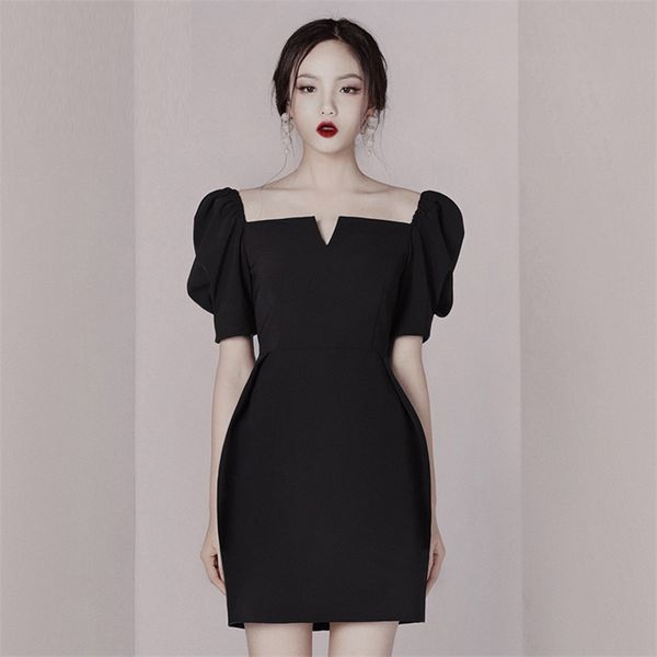 

spring and summer style one word collar bubble sleeve socialite temperament thin office party for women dresses 210602, Black;gray