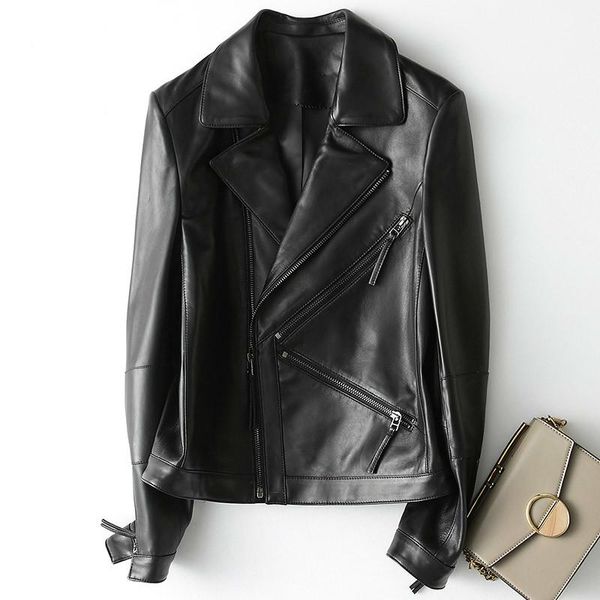 

women's leather & faux genuine sheepskin real women clothes 2021 korean motorcycle slim jacket kqn28215 yy1006, Black