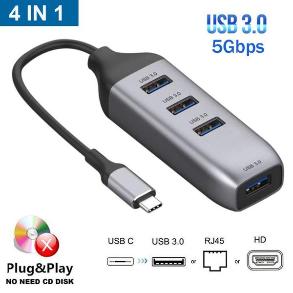 

hubs 4 in 1 usb c hub multi-function type-c to usb3.0 -compatible splitter rj45 converter docking stations adapter