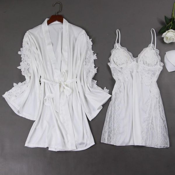 

women's sleepwear perspective floral lace robe set 2pcs summer satin kimono gown white bride bridesmaid bathrobe strap nightgown pajama, Black;red