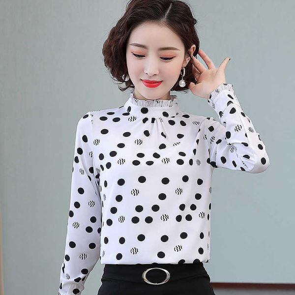 Yaz Şifon Polka Dot Bluz Kadınlar Beyaz Uzun Kollu Gömlek Artı Boyutu XXXL S Üstleri ve Bluzlar 210531