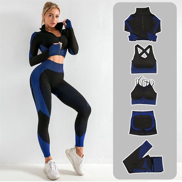 

2/3/5pcs yoga suit women seamless track gym clothes sets high waist booty leggings and sports sportswear 210802, Gray