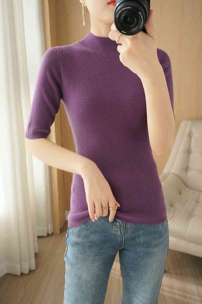 

women's sweaters knitted short sleeved shirt, medium and high neck tight spring summer cashmere shirt., White;black