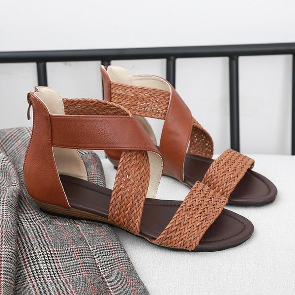 

fashion casual women's sandals summer flat big light beach shoes back zipper open toe slippers zapatillas mujer dress, Black