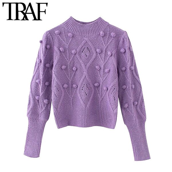 

traf women fashion with ball cropped knitted sweater vintage o neck long sleeve female pullovers chic 210415, White;black