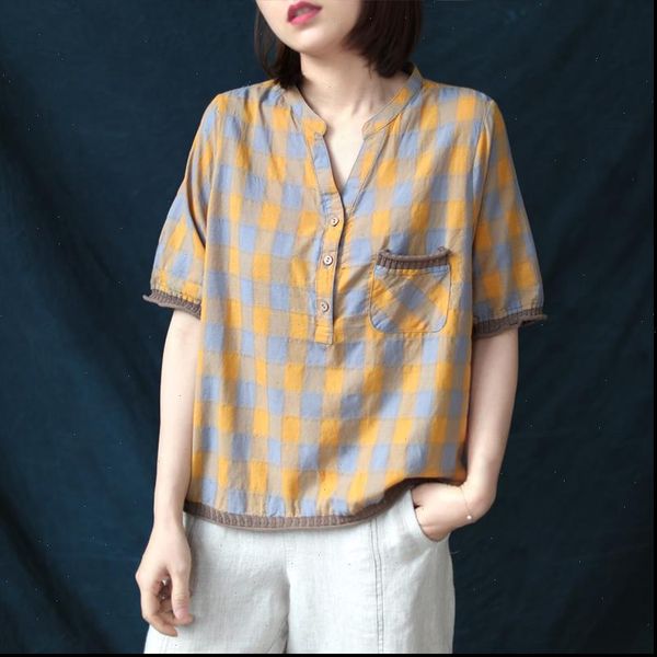 

summer arts women shirts style short sleeve v neck cotton linen plaid vintage blouse loose femme, White