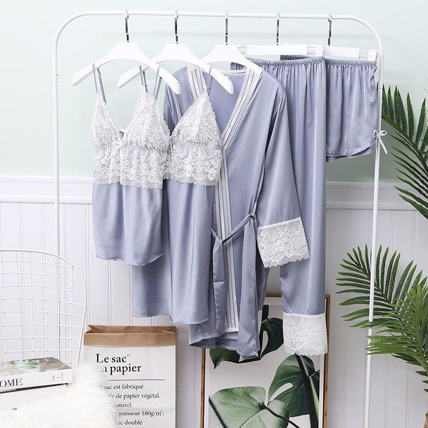 

gray female lace robe sets v-neck bride dressing gown bathrobe pajamas suit sleepwear nightgown loose lounge home clothes women's, Black;red