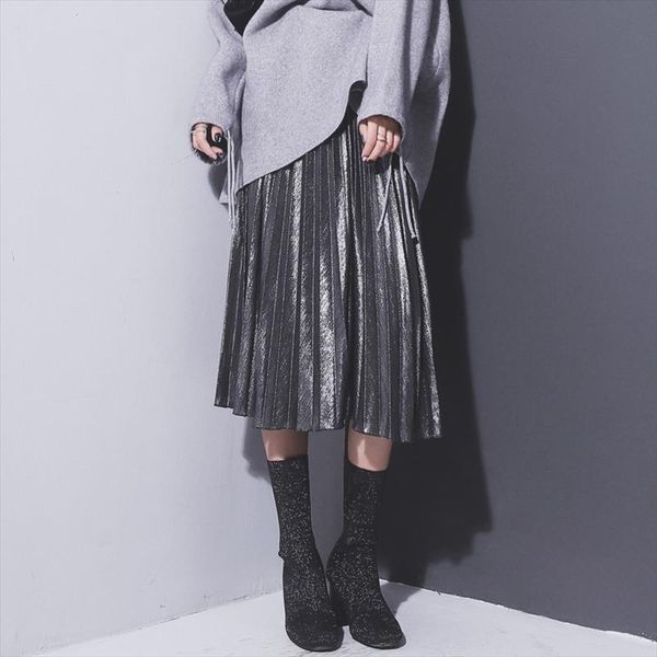 

spring summer fashion girls metallic silver women skirt midi casual high waist pleated co1, Black