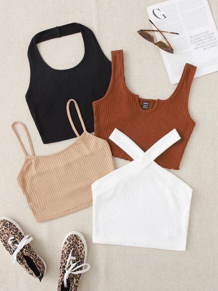 

4pcs solid ribbed knit crop b0dk#, White