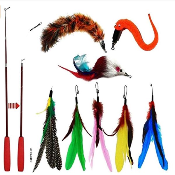 

cat toys pet tease wand (9 feather heads) interactive toy with bell cats funny