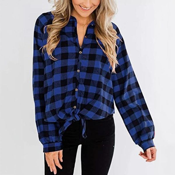 

women's blouses & shirts 45# women blouse casual plaid print long sleeve tunic button up o neck oversized loose for blusa, White