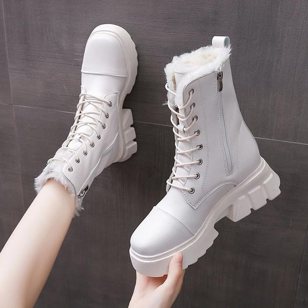 

boots 2021 women winter ankle pu leather warm plush snow height increase shoes woman zip chunky female platform booties, Black