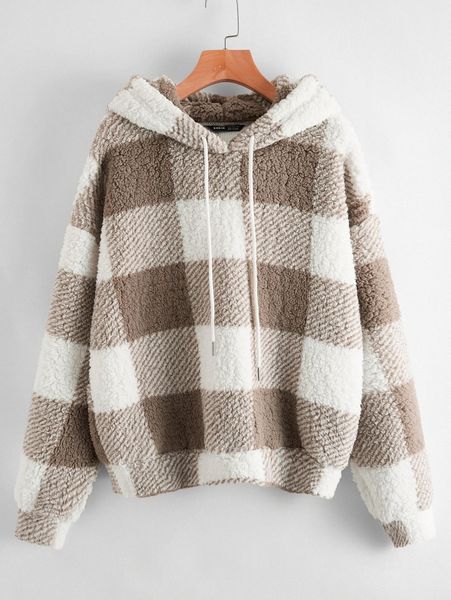 

plush plaid teddy drawstring hoodie 594o#, White;black