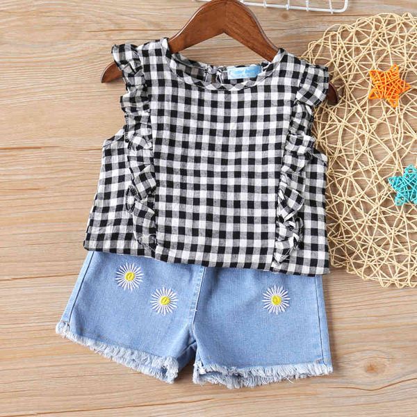 

girl's dresses summer suit girls set plaid ruffle trim flower denim shorts 2pcs clothing sets girl kids clothes ex2w, Red;yellow