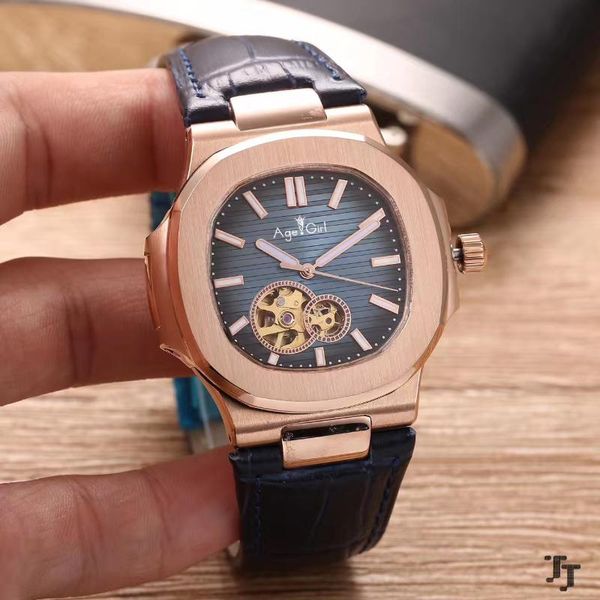 

wristwatches men automatic mechanical rose gold stainless steel tourbillion bezel black blue leather sapphire watch, Slivery;brown