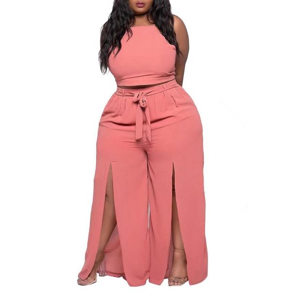 

plus size tracksuits two piece women sets sleeveless halter cross backless crop outfits 2021 summer split wide leg pant suits