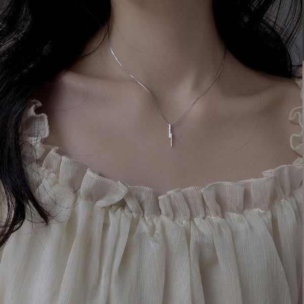 

pendant necklaces geometry for women simple double layer long stick line drop clavicle chain shiny zircon all-match lady jewelry, Silver