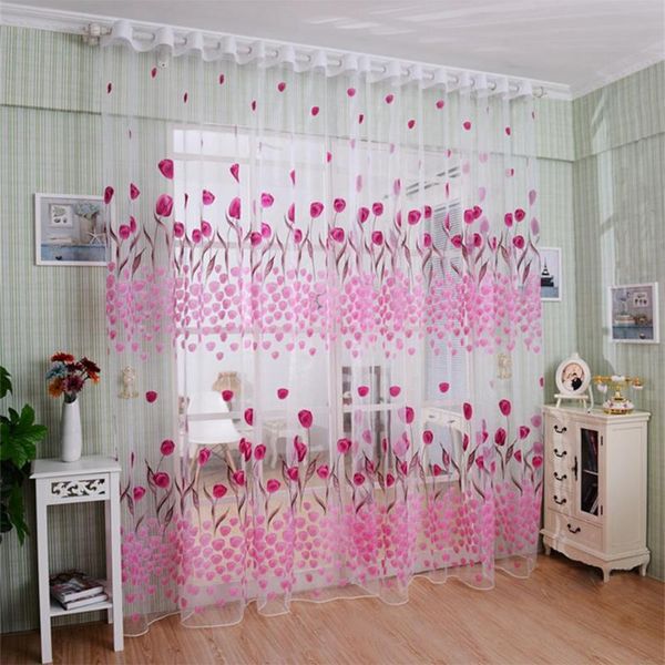 

curtain & drapes romantic window door tulip print voile sheer drape creative floral translucent tulle divider valance pink