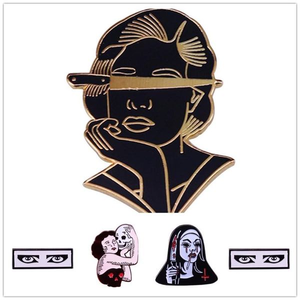 

pins, brooches hoseng black color mysterious dangerous woman knife skeleton horror gothic fashion art brooch halloween alloy enamel pin hs_2, Gray