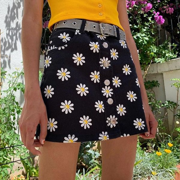 

skirts 2021 chic front button up mini women cutie sweet pink heart denim skirt fashion high waist a line jeans school girl, Black