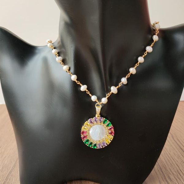 

pendant necklaces promotion natural round virgin of guadalupe mother pearl with colors cz necklace freshwater beads shell for gift, Silver