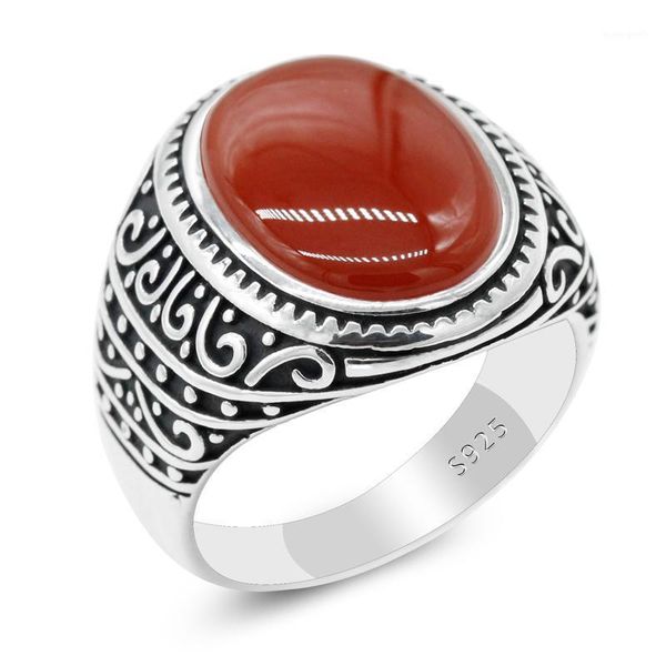 

cluster rings men's ring with red agate stone real 925 sterling silver oval gemstone male exquisite carving antique jewelry gift1, Golden;silver
