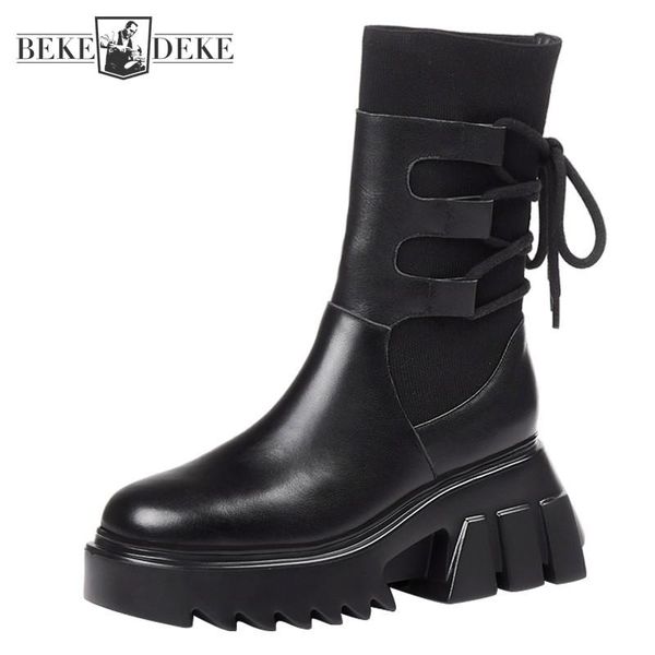 

boots knitting high sneakers women rear lace up winter fleece real leather motorcycle bikers harajuku thick platform shoes, Black