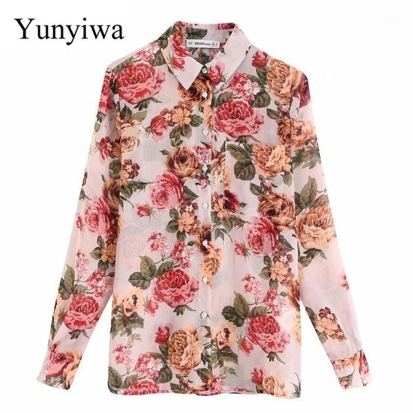 

women's blouses & shirts 2021 women vintage flower print transparent casual smock blouse shirt long sleeve chic blusas office femininas, White